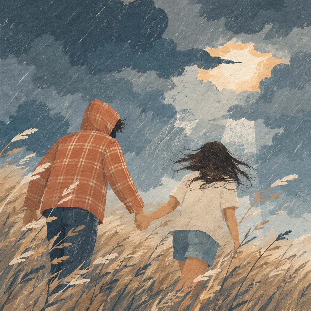 Couple Walking Through Storm Hand in Hand
