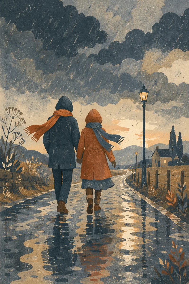 Couple Walking Through Storm Hand in Hand