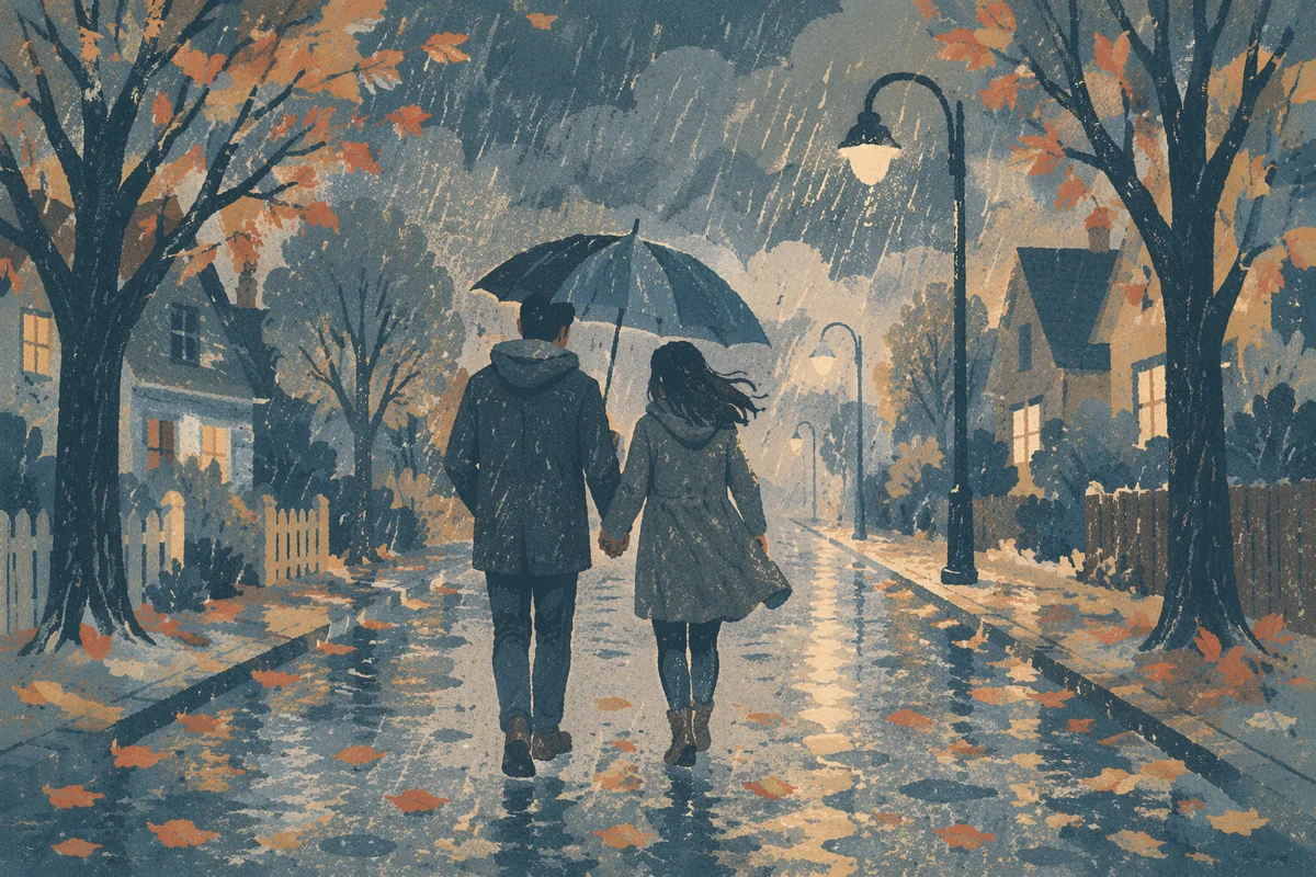 Couple Walking Through Storm Hand in Hand