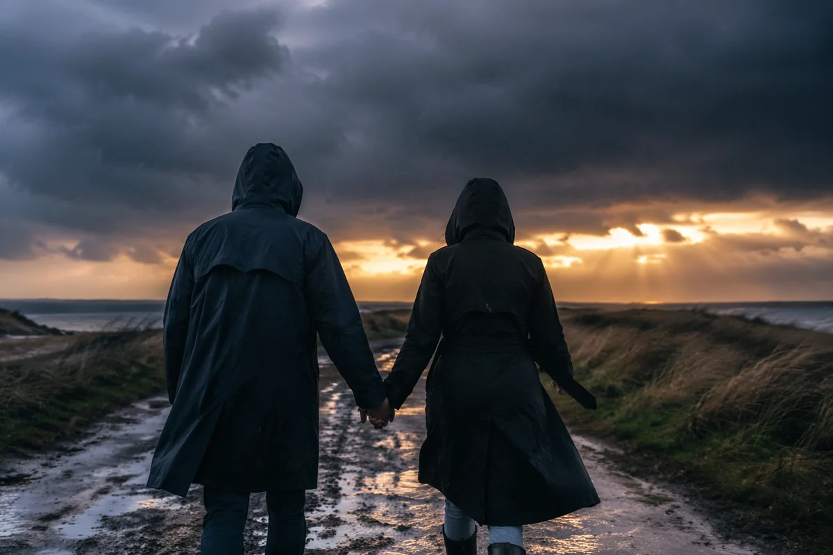 Couple Walking Through Storm Hand in Hand