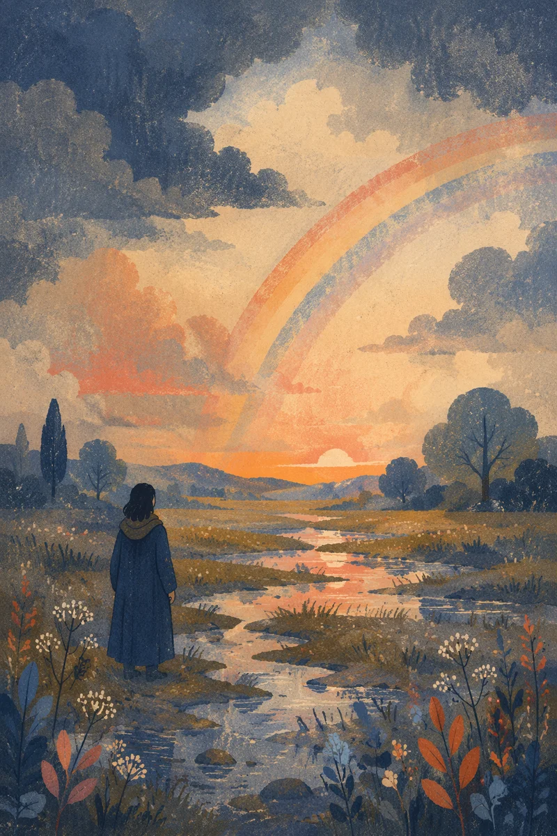 Hopeful Sunrise After Storm and Rainbow