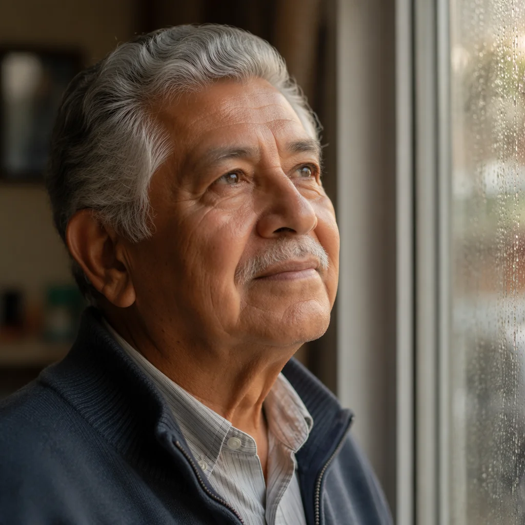 Hopeful Elderly Man by Rainy Window