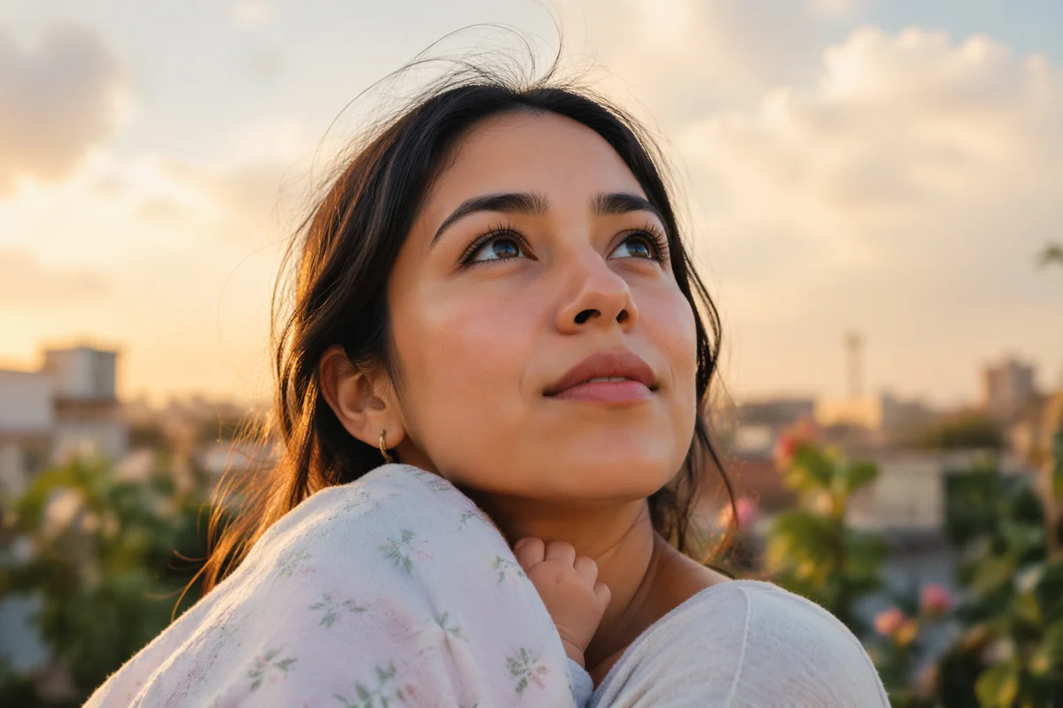 Hopeful Mother Looking Up at Sunrise