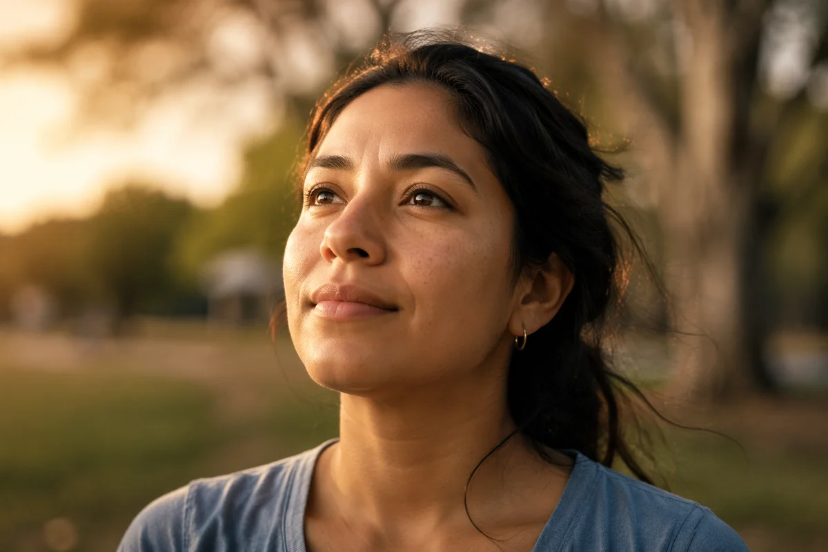 Hopeful Young Mother Looking Toward Sky