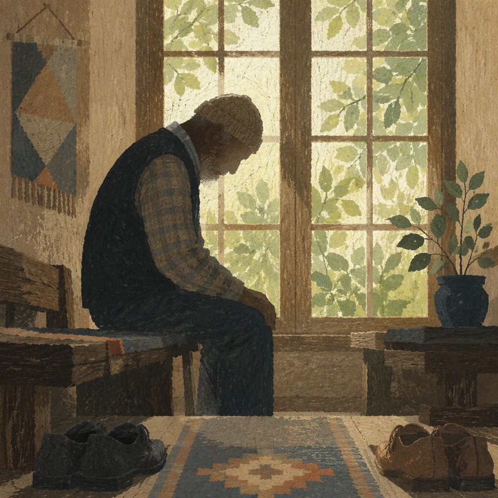 Humble Elder Bowing in Gentle Window Light
