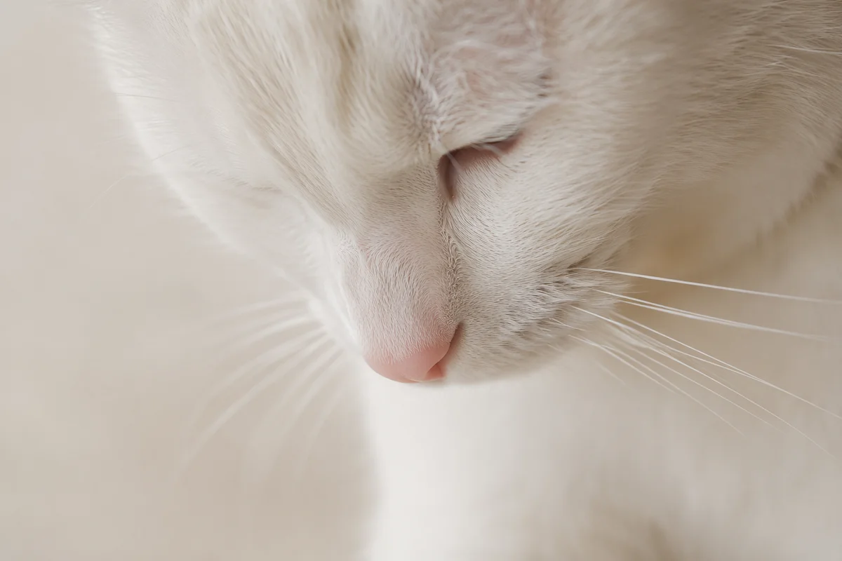 Bowed White Cat in Gentle Window Light