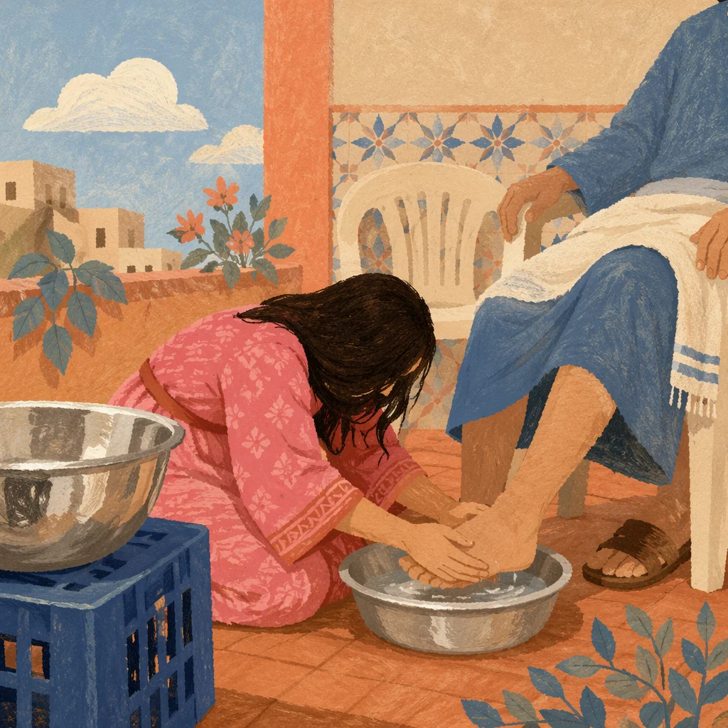 Humble Foot Washing on Sunlit Balcony