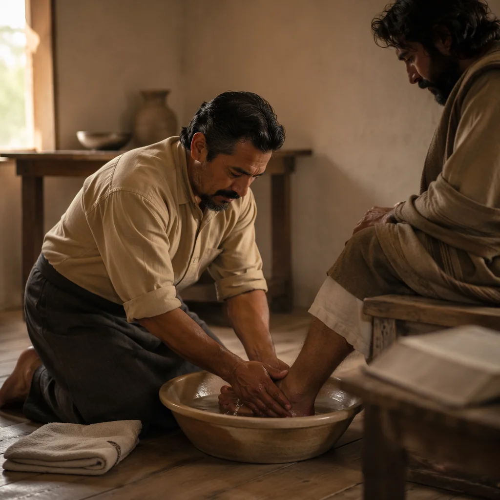 Man Washing Another Person's Feet Indoors