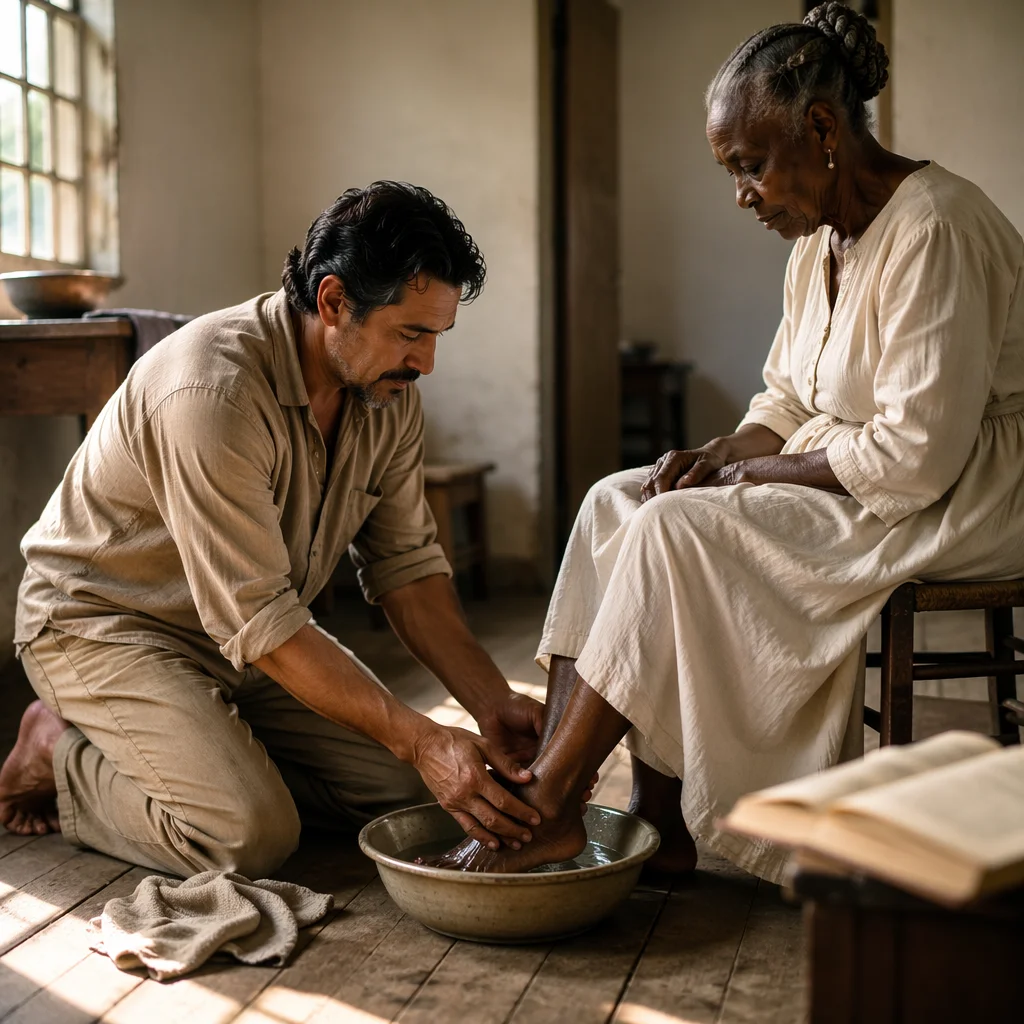 Man Washing Elderly Woman Feet Indoors
