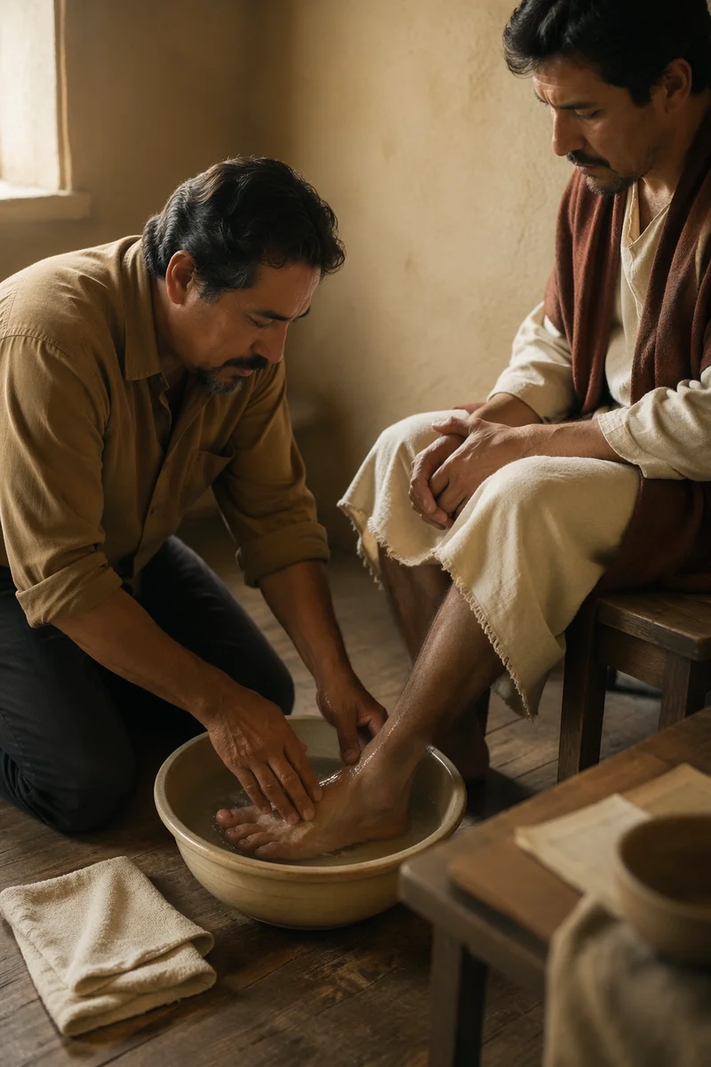 Man Washing Another Person's Feet Indoors