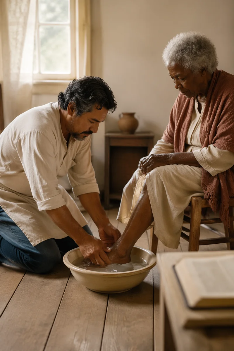 Man Washing Elderly Woman's Feet Indoors