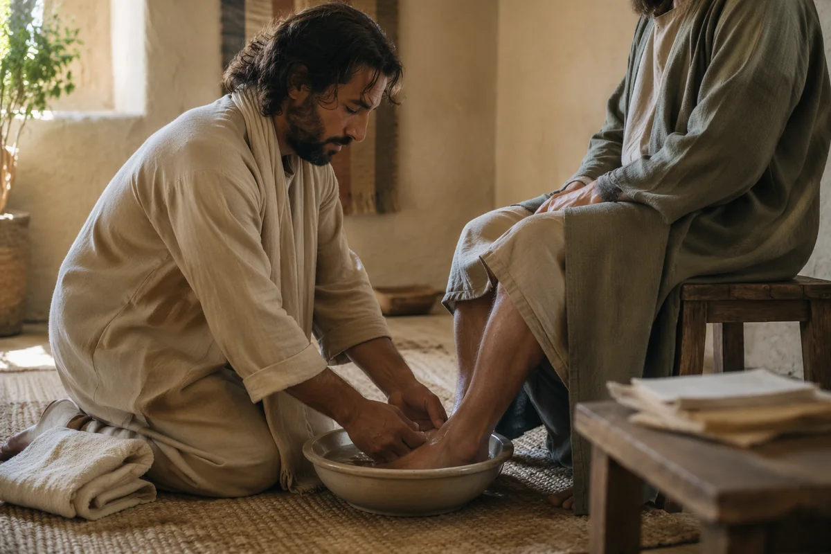 Man Washing Feet in Rustic Room