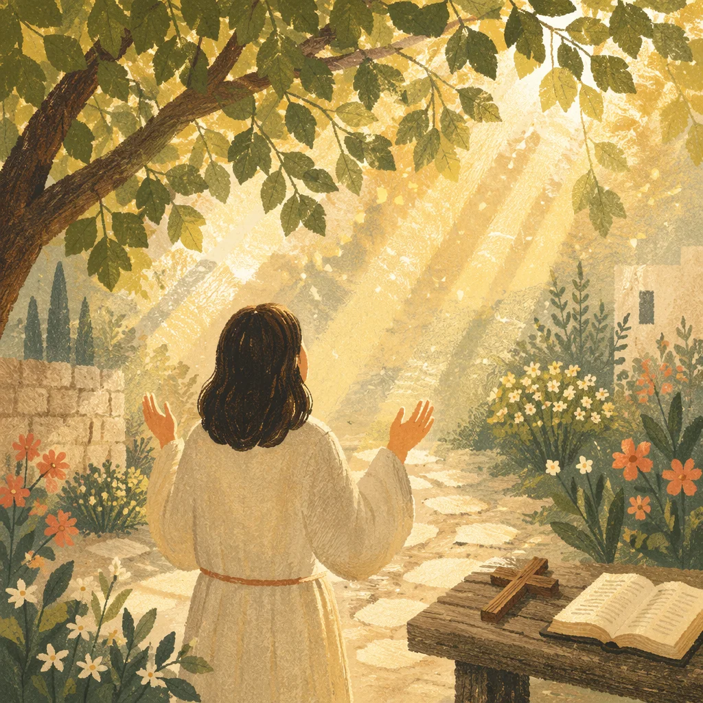 Christian Joy Beneath Sunlit Garden Leaves