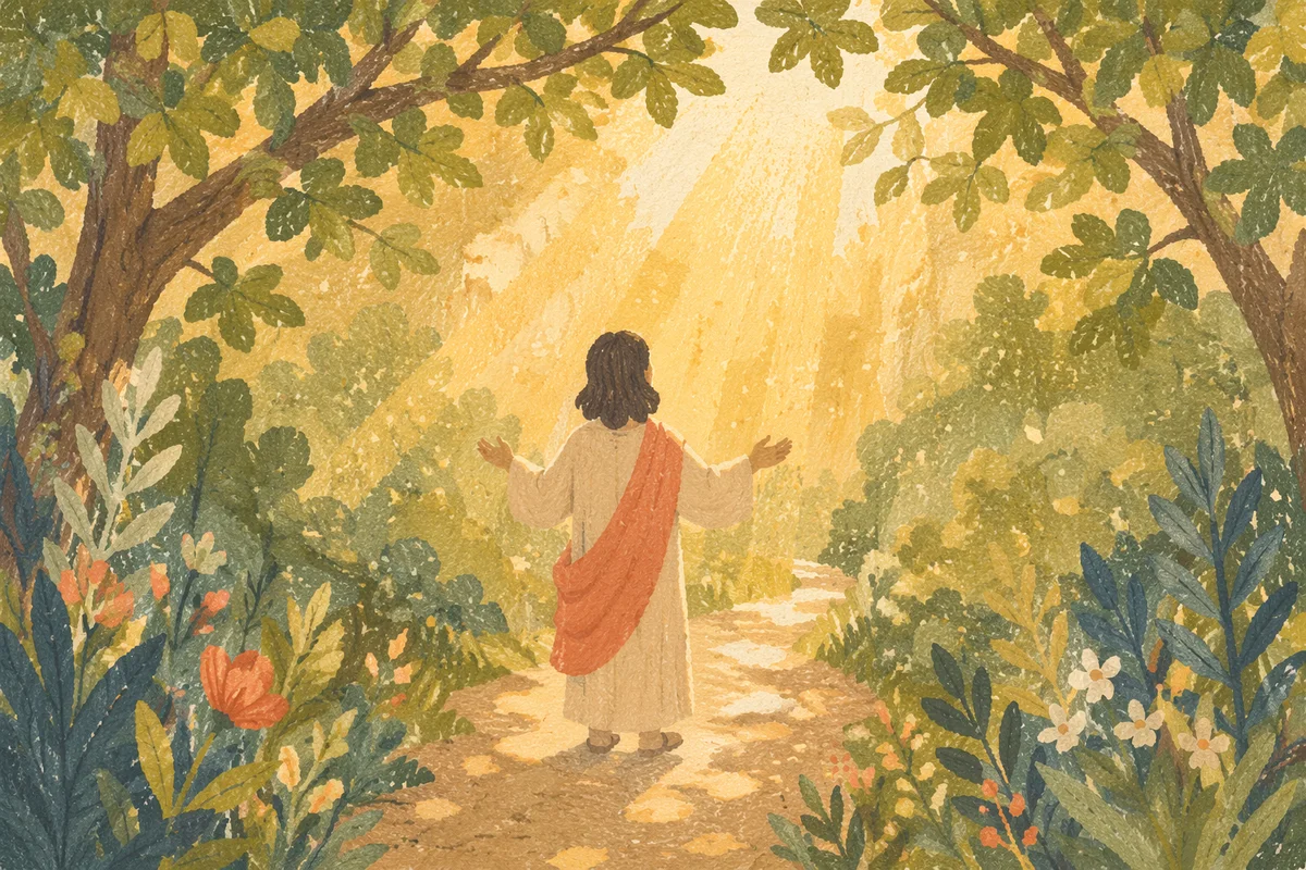 Quiet Joy in Sunlit Woodland Path