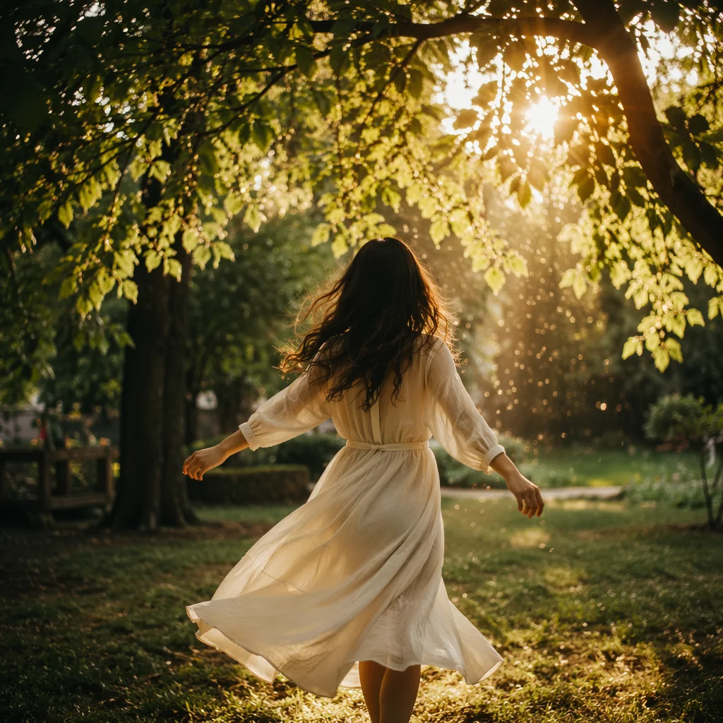 Joyful Twirl Beneath Sunlit Garden Leaves