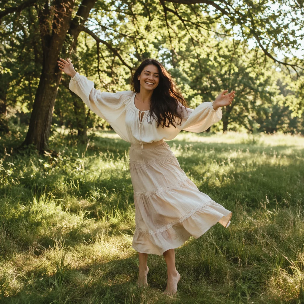 Joyful Woman Twirling in Sunlit Meadow
