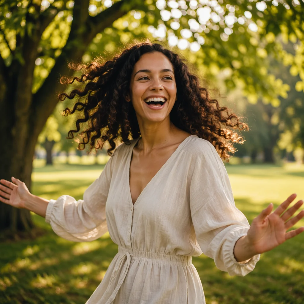 Joyful Woman Beneath Sunlit Park Trees