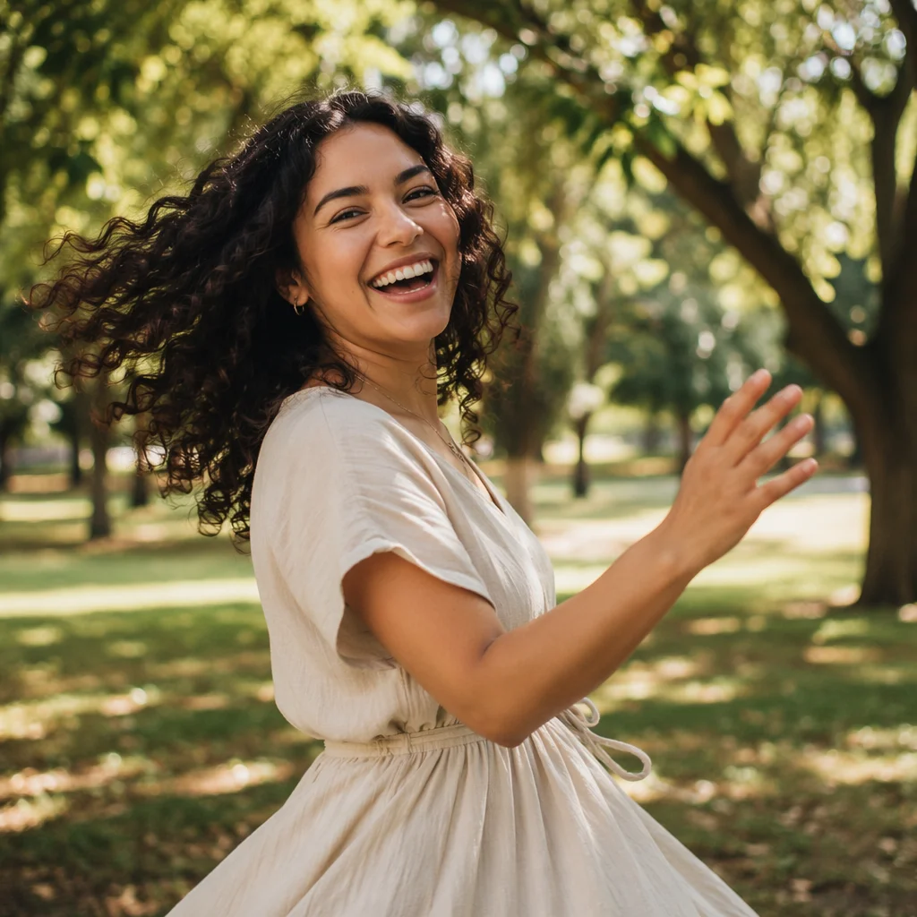 Joyful Woman Twirling Under Sunlit Trees