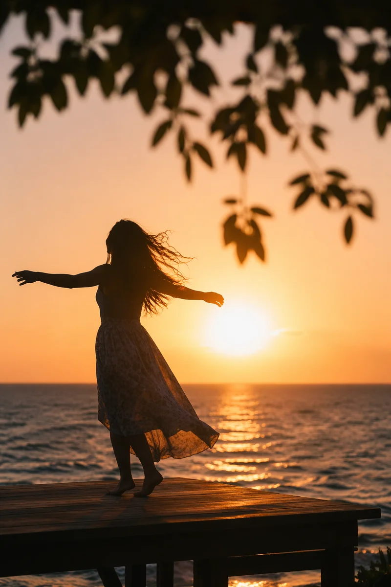 Joyful Silhouette Dancing in Golden Ocean Light