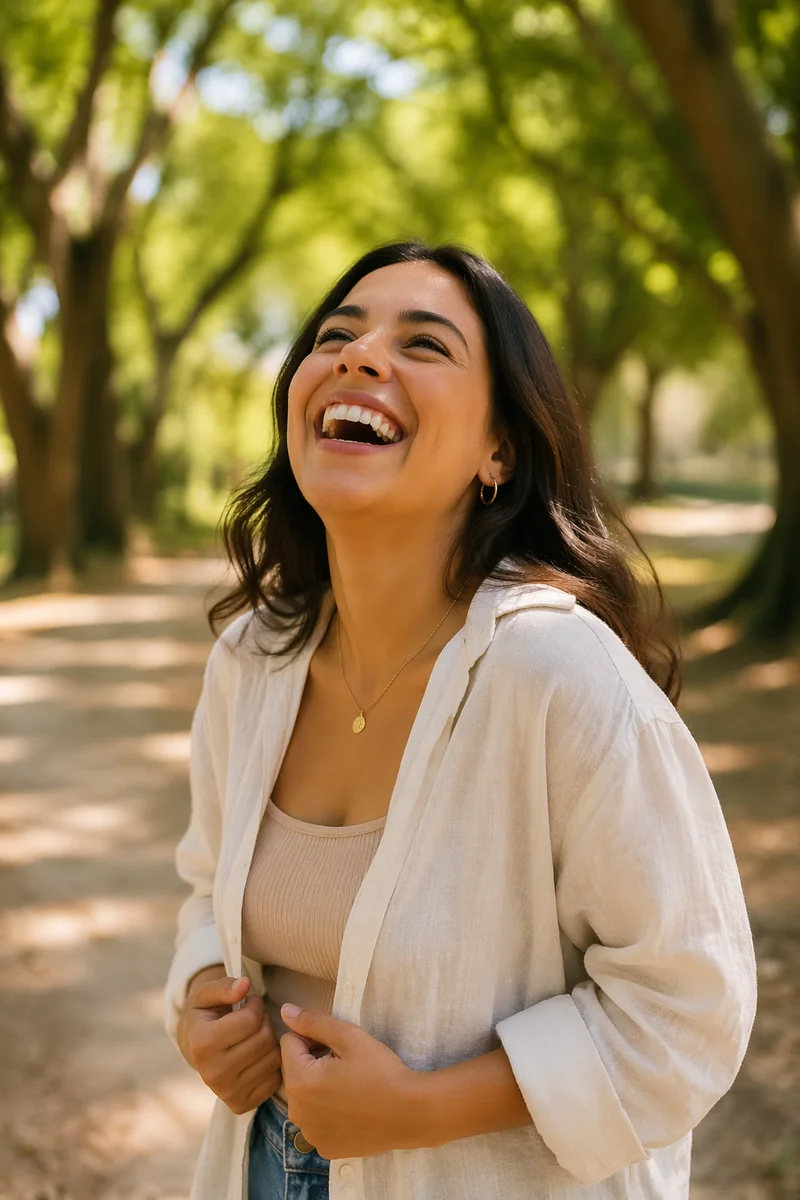 Laughing Woman Under Sunlit Green Trees
