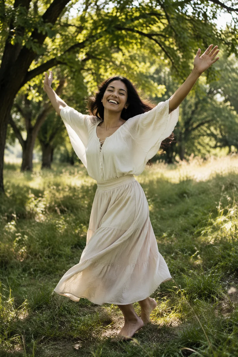 Joyful Woman Twirling in Sunlit Meadow