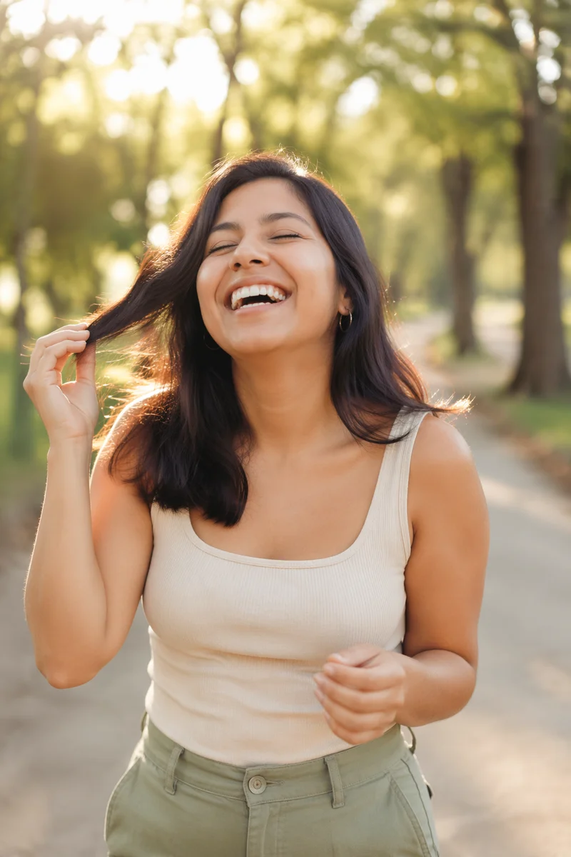 Joyful Woman Laughing in Sunlit Park