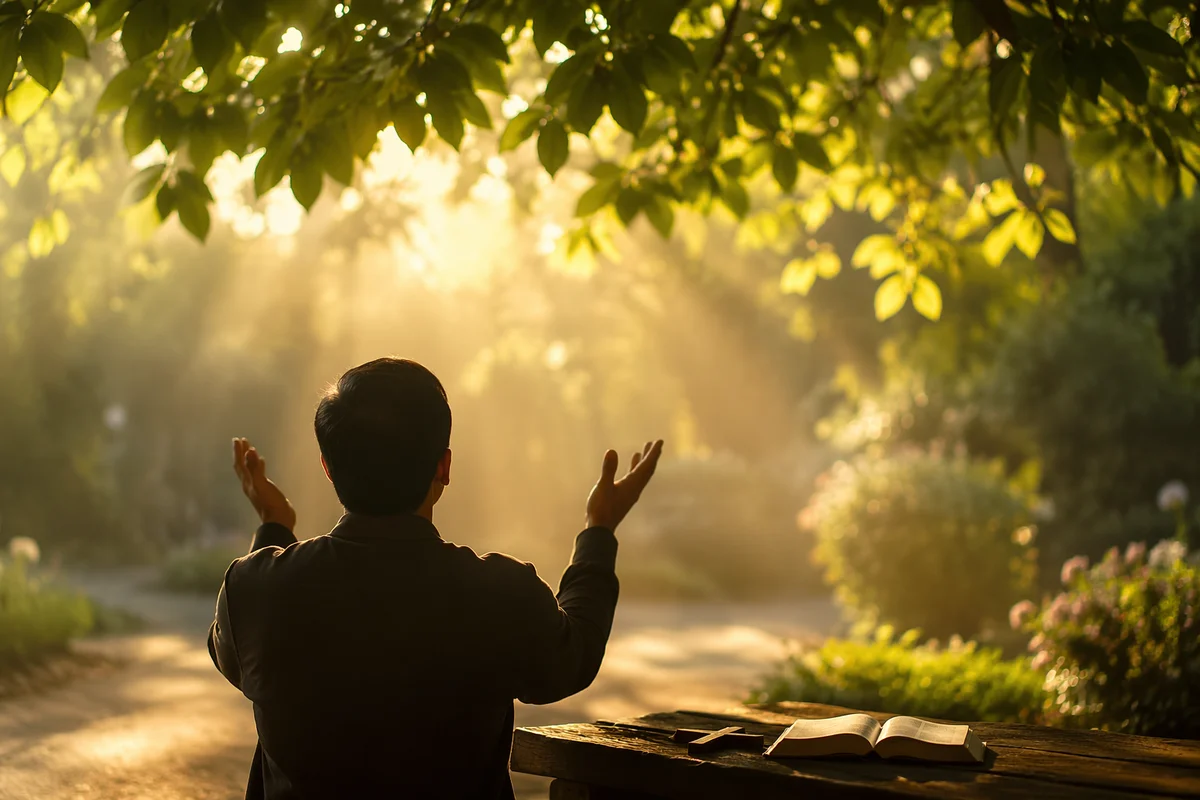 Joyful Sunlight Prayer Beneath Garden Leaves