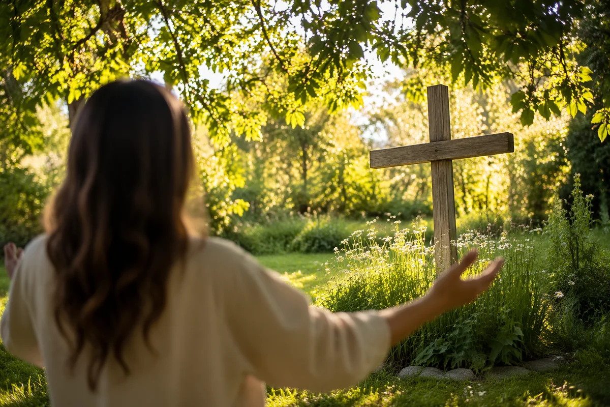 Joyful Morning Prayer Beneath Garden Cross