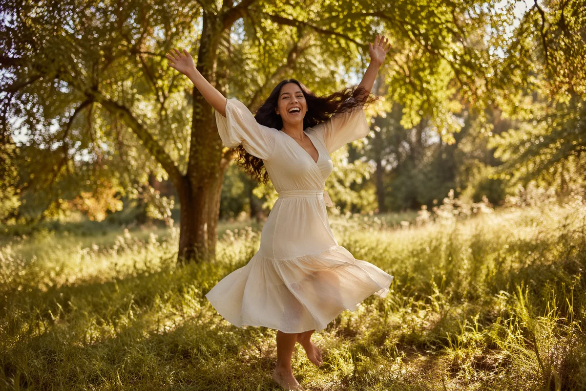 Joyful Woman Twirling in Sunny Meadow