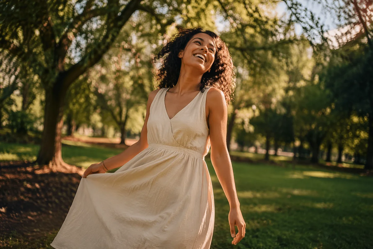 Joyful Woman Twirling in Sunlit Park