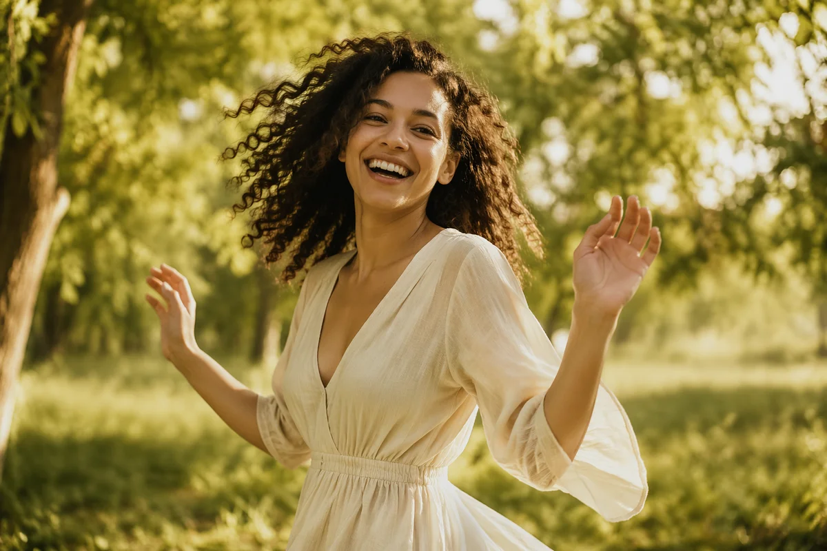 Joyful Woman Beneath Sunlit Park Trees