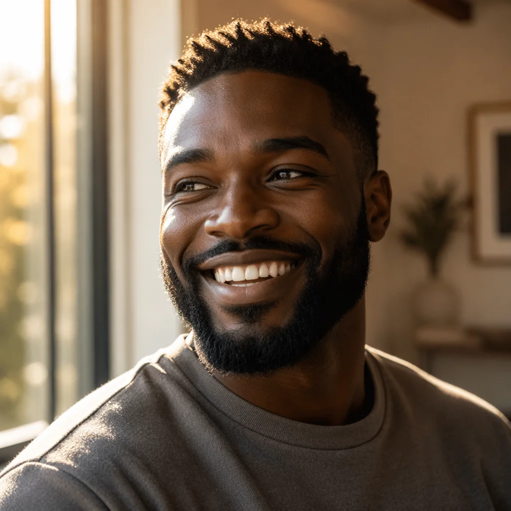 Joyful Young Man Smiling by Window