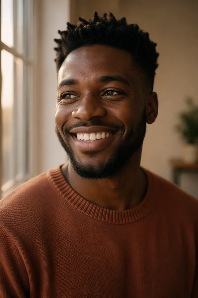 Joyful Young Man Smiling by Window
