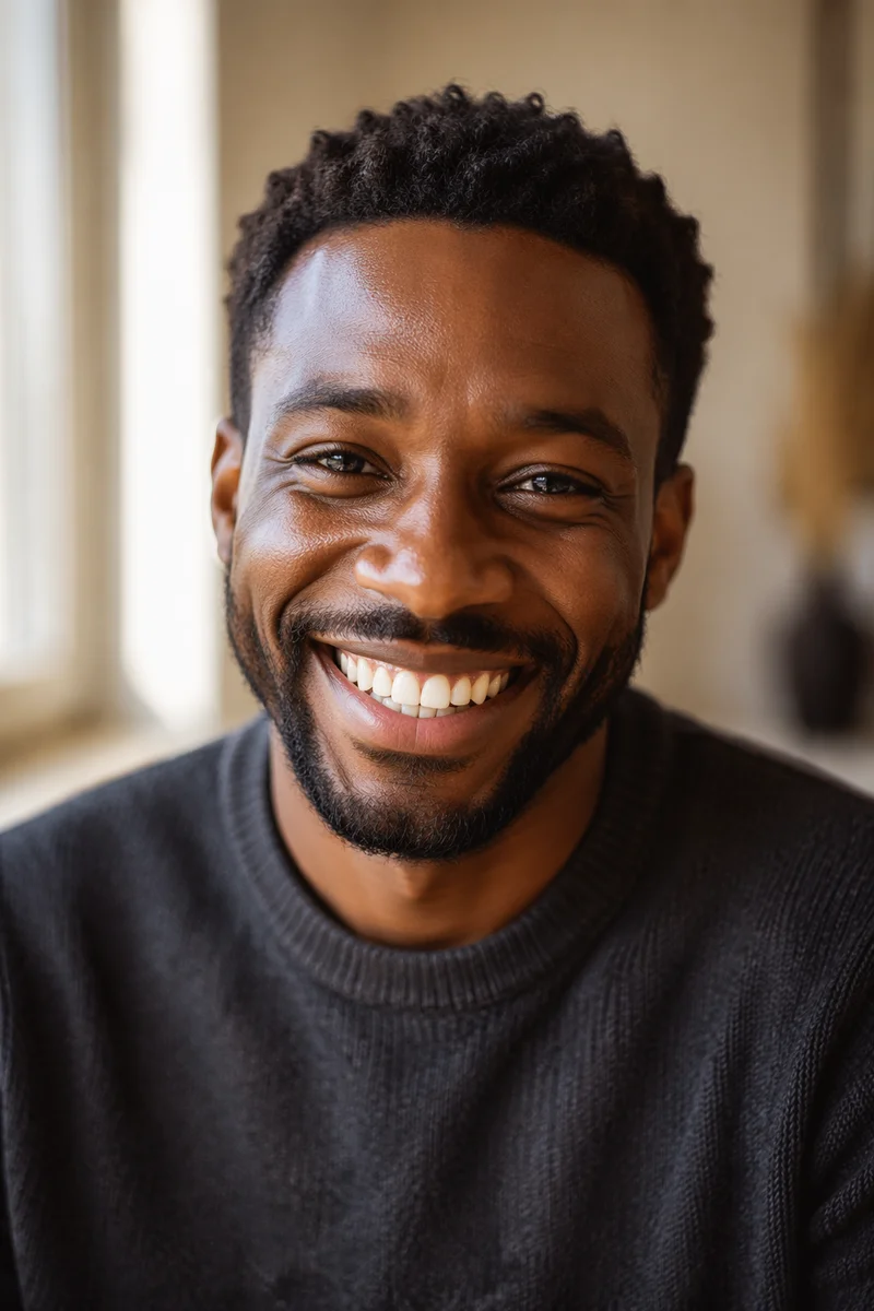 Joyful Young Man Smiling in Window Light