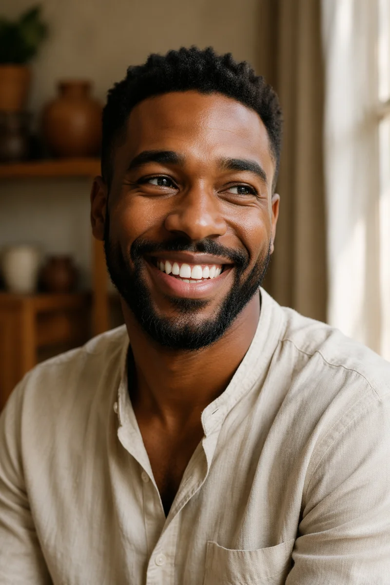 Joyful Young Man Smiling by Window