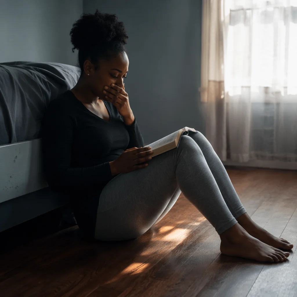 Young Woman Alone in Dawn Bedroom