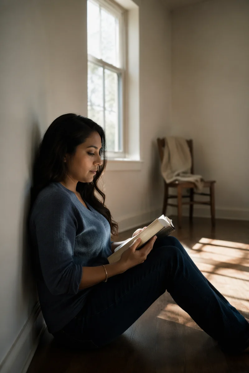 Young Woman Reading Alone in Empty Room