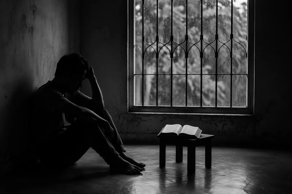 Lonely Figure by Window with Open Bible