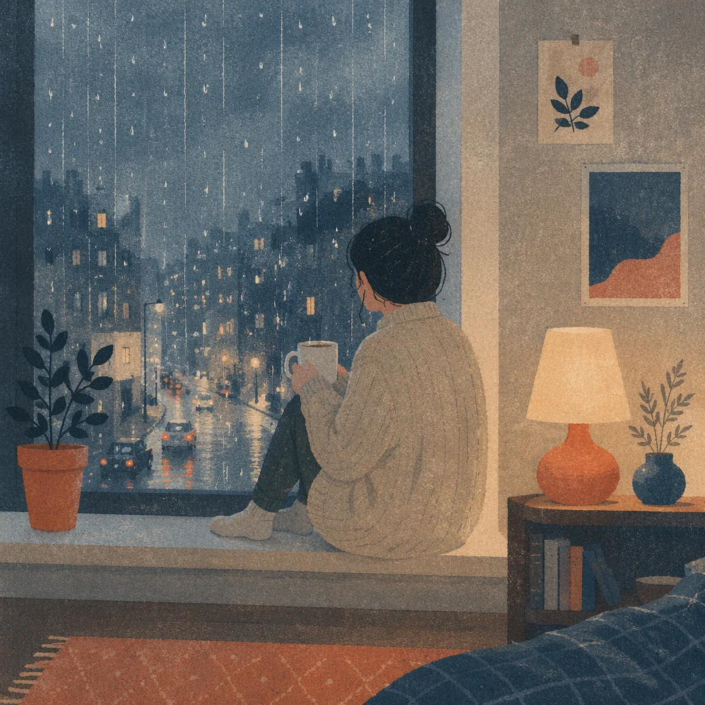 Lonely Figure by Rainy Apartment Window
