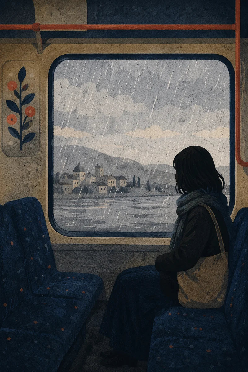 Lonely Figure Watching Rain Through Transit Window