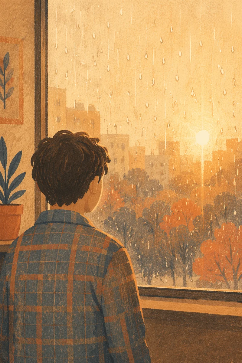 Lonely Figure by Rainy Window at Sunset