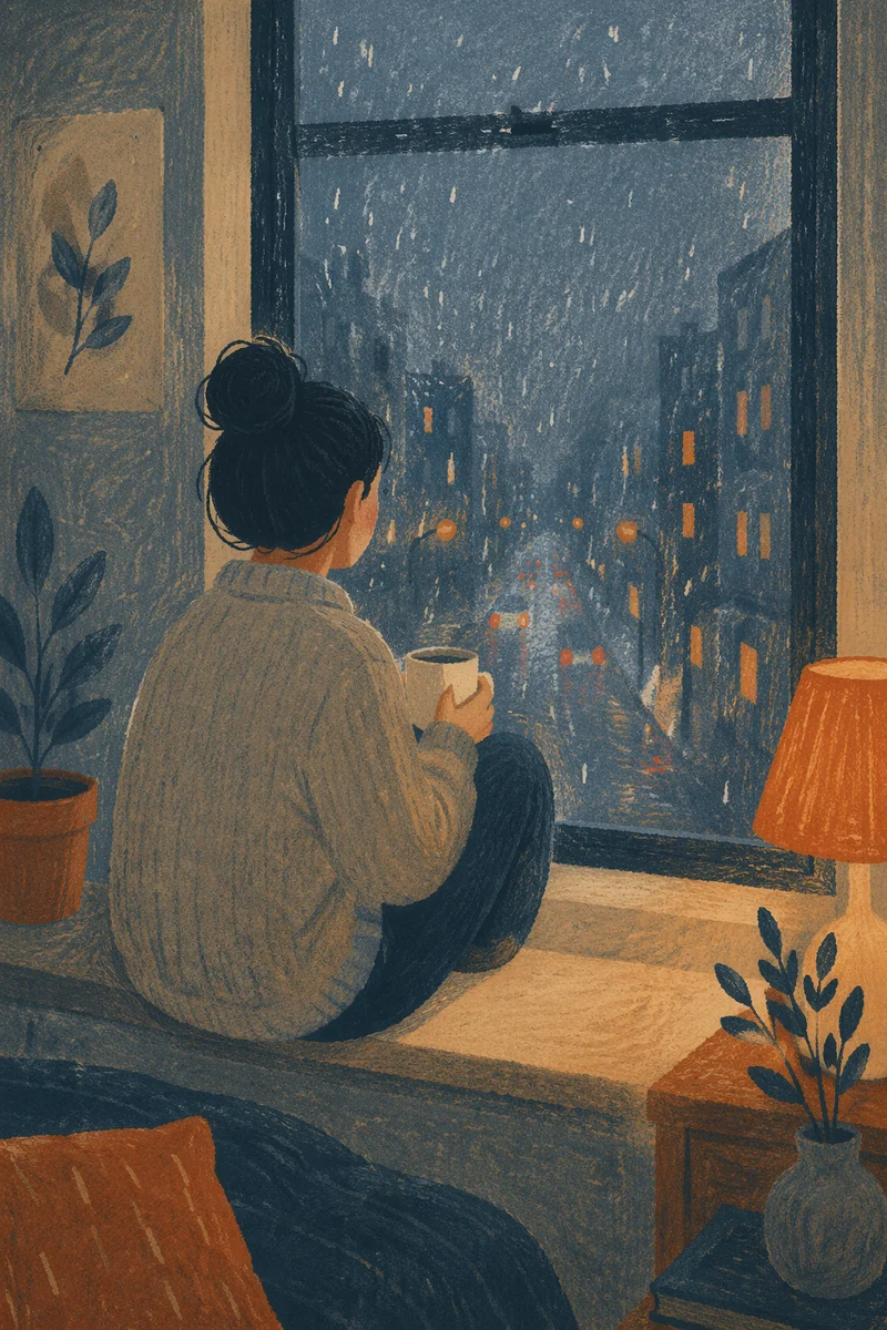 Lonely Figure by Rainy Apartment Window