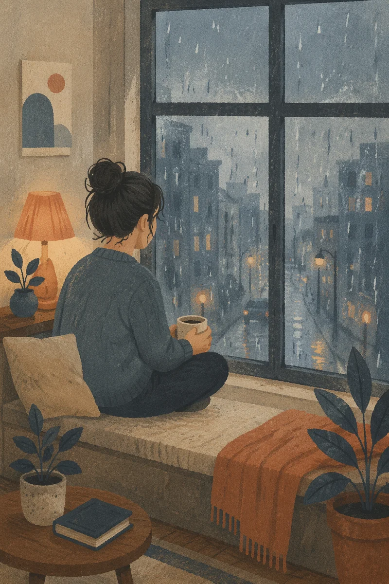 Lonely Figure at Rainy Apartment Window