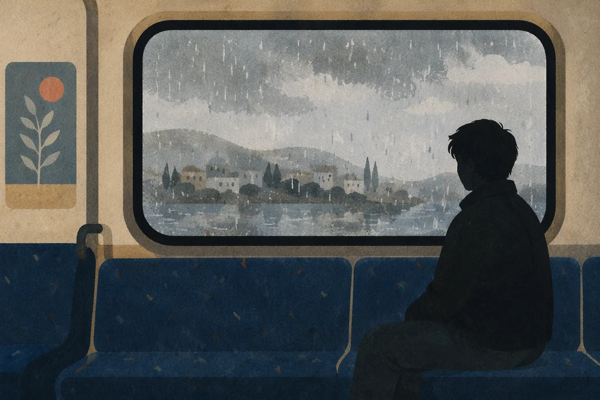 Lonely Figure by Rainy Transit Window