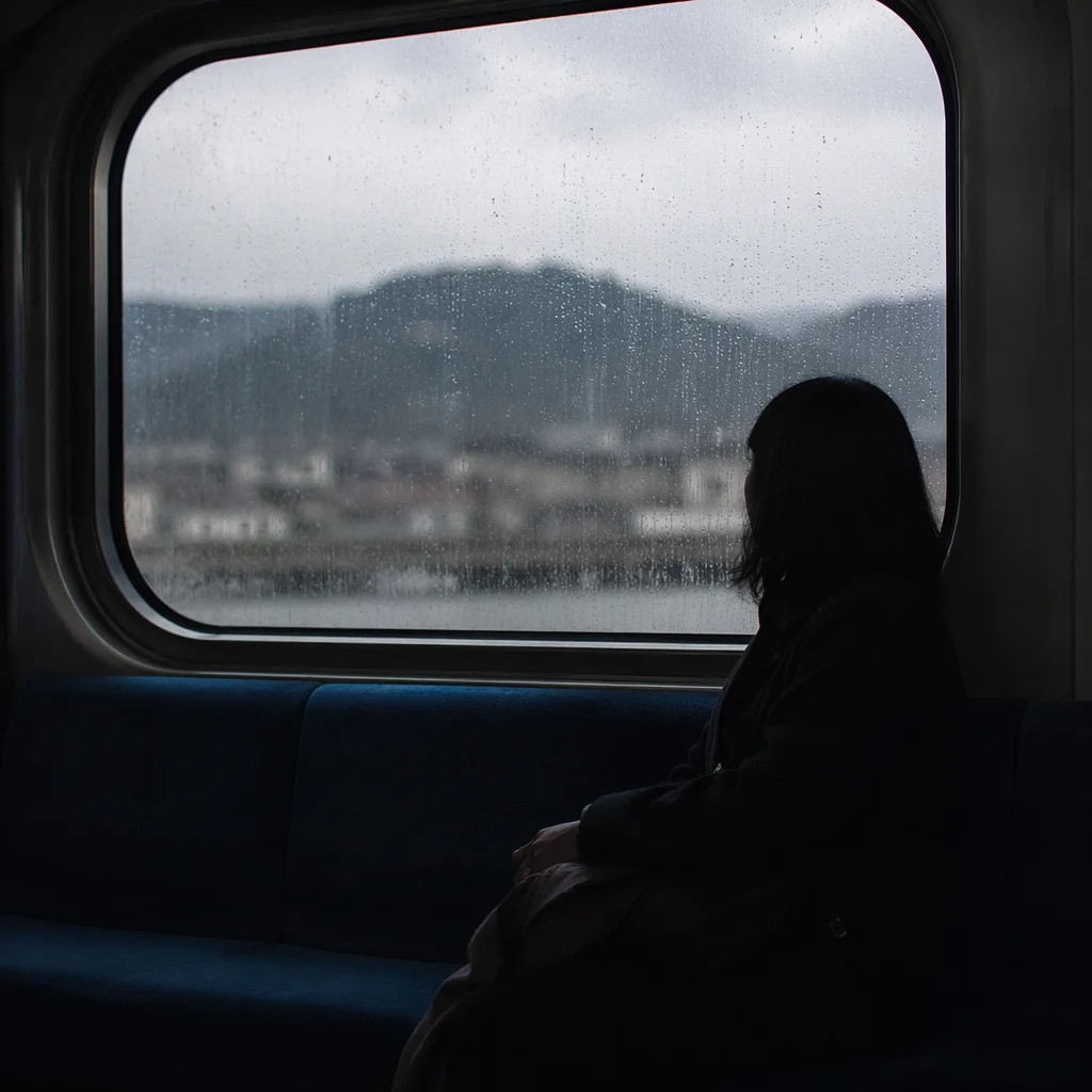Lonely Figure Watching Rain Through Transit Window