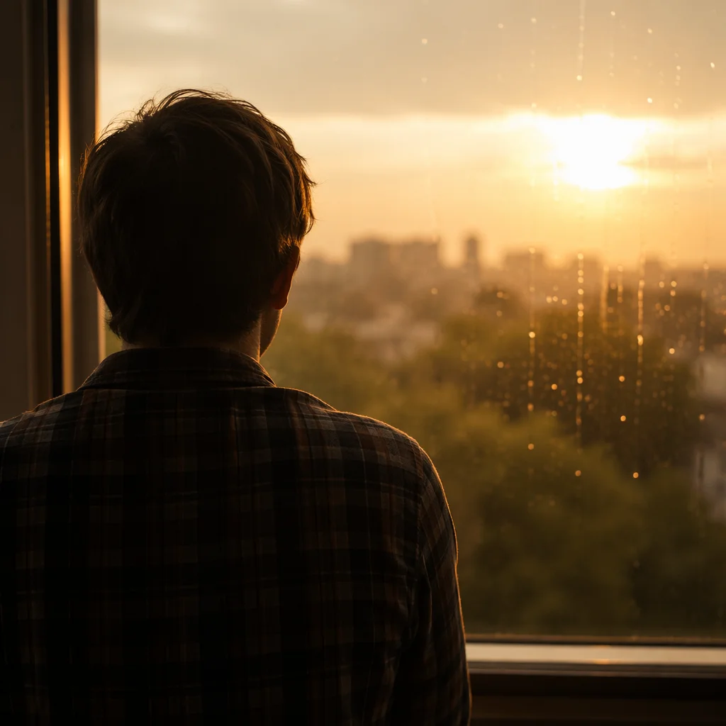 Lonely Figure Watching Rainy Window Light