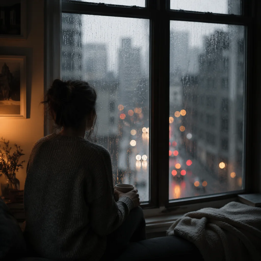 Solitary Figure by Rainy Apartment Window