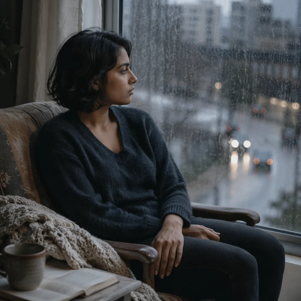 Lonely Woman by Rainy Apartment Window