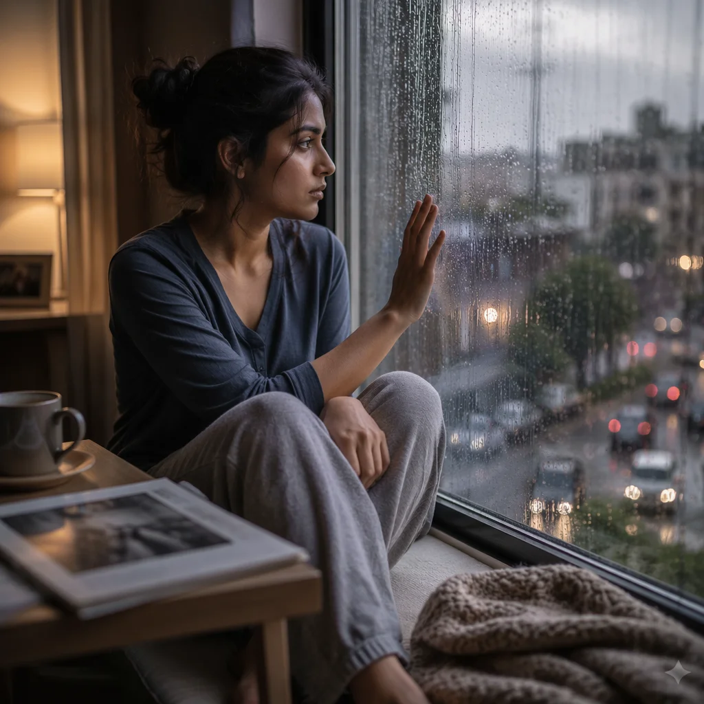 Young Woman by Rainy Apartment Window