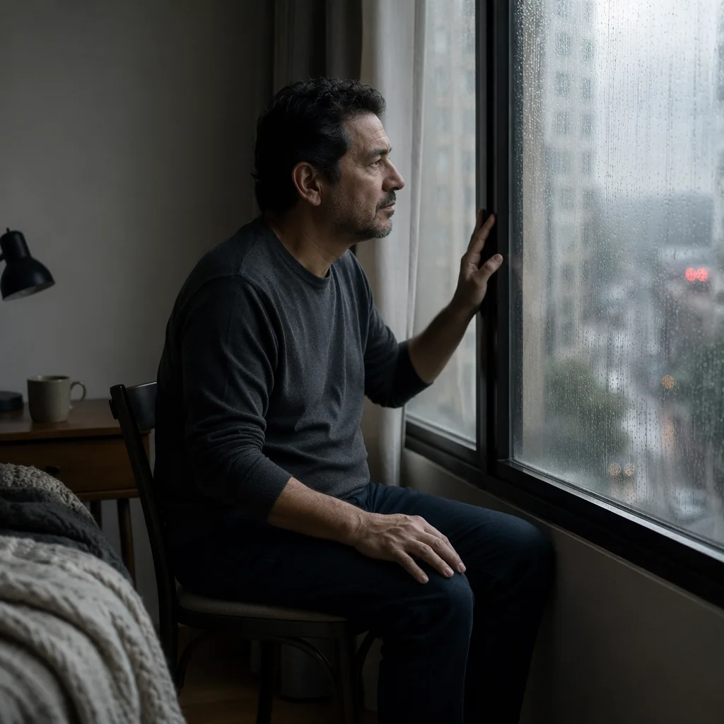 Solitary Man by Rainy Apartment Window